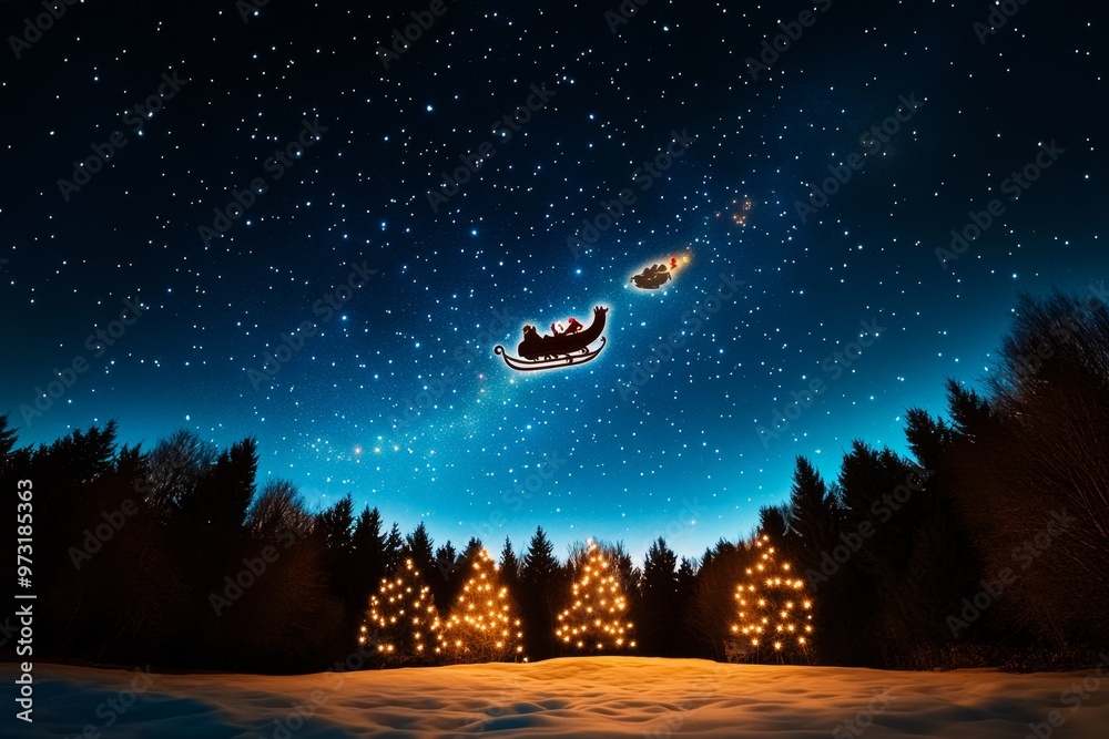 A magical Christmas Eve sky, with stars twinkling and the faint outline of Santa's sleigh soaring above A magical Christmas Eve sky, with stars twinkling and the faint outline of Santa's sleigh soaring above