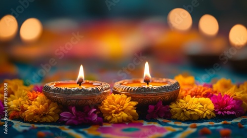 Traditional Diwali diyas lit with a warm, golden glow, placed on a surface with rangoli and flowers