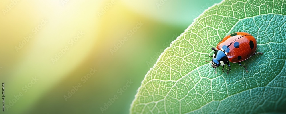 Fototapeta premium Close-up of a vibrant ladybug crawling on a fresh green leaf with delicate details and bright colors capturing the essence of nature's beauty.
