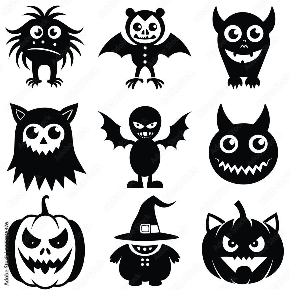 Fototapeta premium The shadow Collection of halloween silhouettes icon and characte. The website in the Halloween festival. Vector clipart illustration isolated on white background