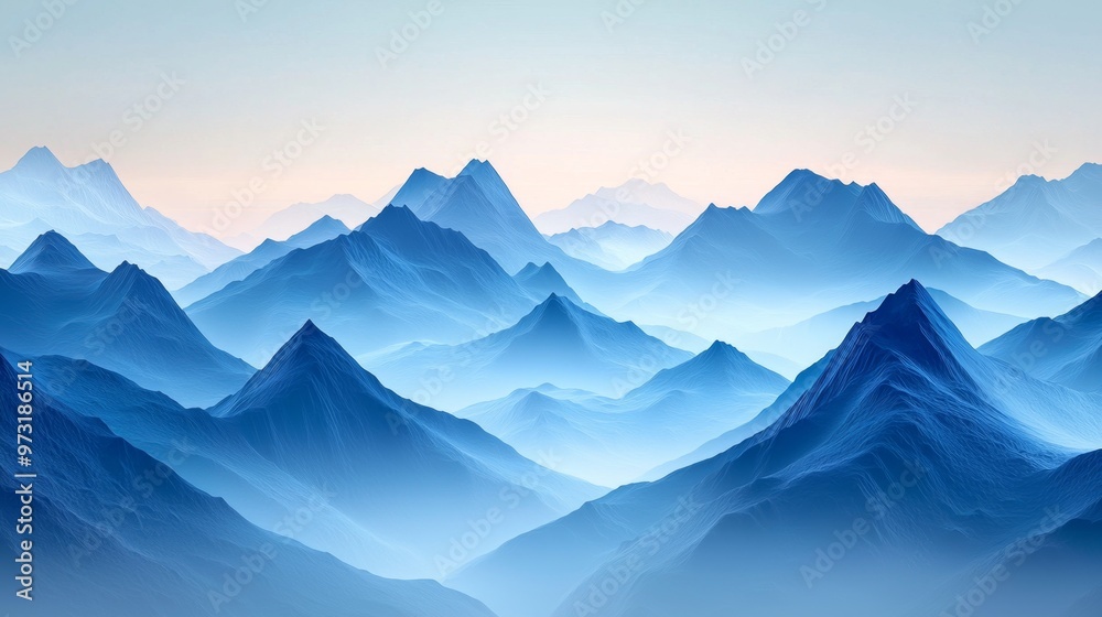 Obraz premium A minimalistic design of a mountain range at dawn, where the peaks are enveloped in a grainy gradient fog shifting from blue to white, evoking a serene atmosphere
