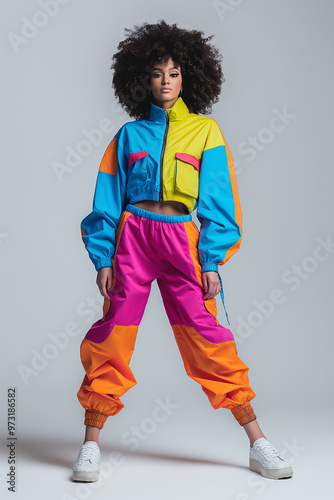 Wallpaper Mural Retro fashion colorful woman in jumpsuit dancing in color studio Torontodigital.ca