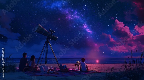 A group of people are stargazing at the beach with a telescope.