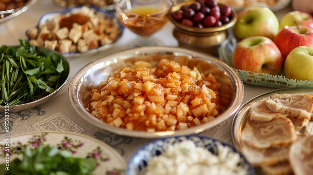 A stunning and colorful display of various traditional dishes along with fresh fruits set on a lively festive table A stunning and colorful display of various traditional dishes along with fresh fruits set on a lively festive table
