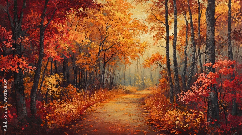 A path winds through a forest bathed in autumn's glow, where leaves dance in hues of red, orange, and gold. A path winds through a forest bathed in autumn's glow, where leaves dance in hues of red, orange, and gold.
