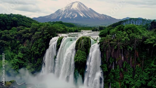 fantasy waterfall and mountain scenery. imaginary view.