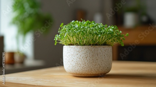 Microgreens in a tiny ceramic pot, displayed on a wooden table in a minimalist interior photo
