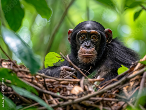 Obraz na płótnie A baby monkey is sitting in a nest made of twigs and leaves. The baby monkey is looking at the camera with a curious expression w salonie