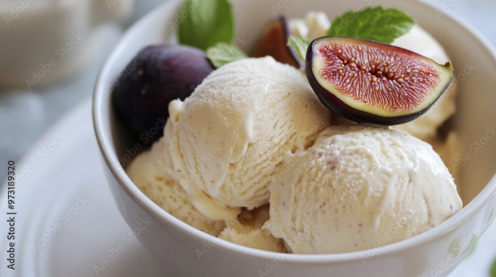 Close-up of fig ice cream in a bowl with fresh fig pieces. Tasty fig ice cream balls served in a white bowl. Close-up of fig ice cream in a bowl with fresh fig pieces. Tasty fig ice cream balls served in a white bowl.