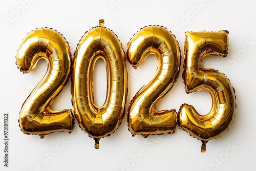  The golden foil balloons form the numbers "2025" on a white background