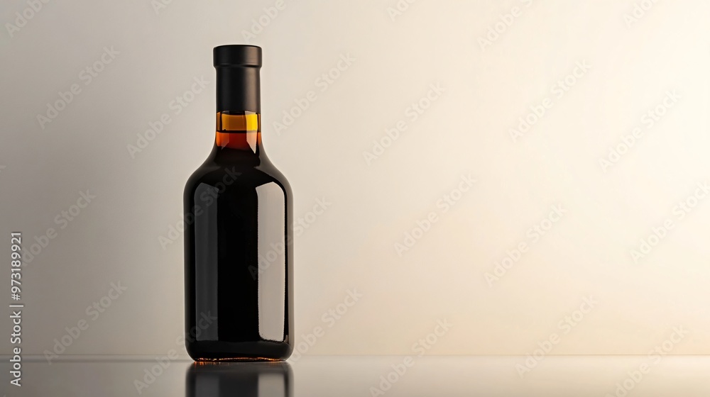 Simple, modern bottle of balsamic vinegar with a minimal label, placed on a bare, reflective surface with a white background Simple, modern bottle of balsamic vinegar with a minimal label, placed on a bare, reflective surface with a white background
