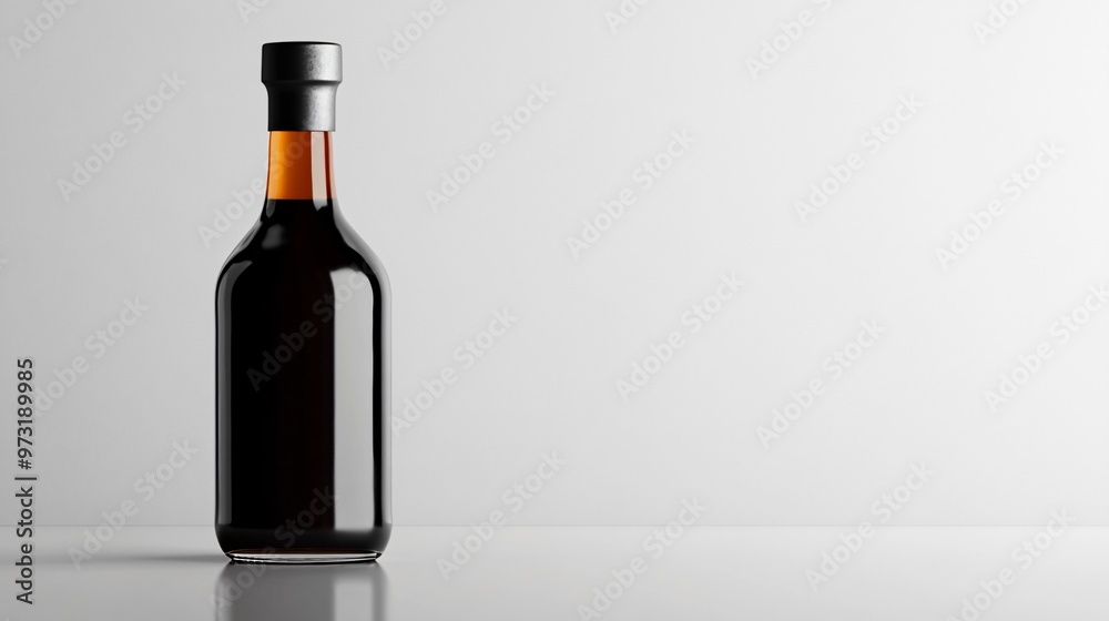 Simple, modern bottle of balsamic vinegar with a minimal label, placed on a bare, reflective surface with a white background Simple, modern bottle of balsamic vinegar with a minimal label, placed on a bare, reflective surface with a white background