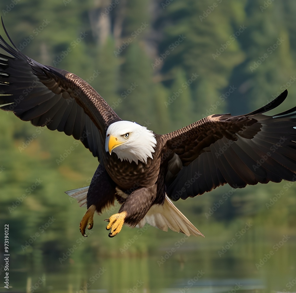 Fototapeta premium Bald eagle in flight searching for food