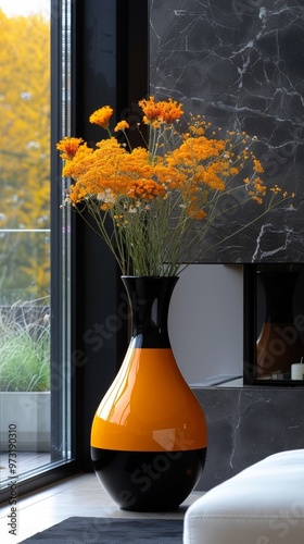 A tall black and orange vase with vibrant orange flowers placed near a window against a modern interior with marble decor