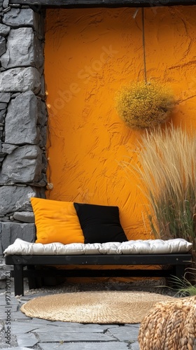 Cozy corner with a bright orange wall, decorative pillows, and natural elements. Stone masonry and textiles add style and comfort