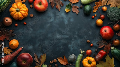 Autumn background with harvest on a black table in a top view. Backdrop for thanksgiving day concept