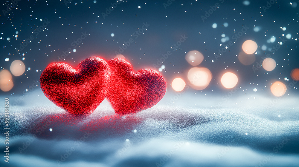 symbol of red love hearts flying in the air in winter time with bright sunlight symbol of red love hearts flying in the air in winter time with bright sunlight