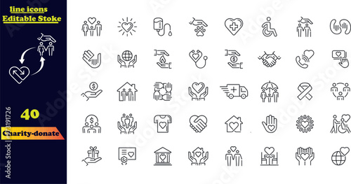 Editable stroke icons for charity and donations, including symbols for giving, charity, solidarity, trust, social care, NGO, and community support.