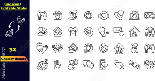 Editable stroke icons for charity and donations, including symbols for giving, charity, solidarity, trust, social care, NGO, and community support.