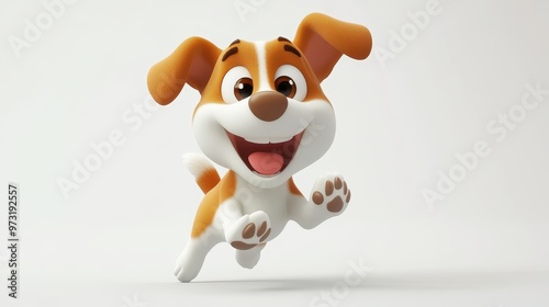 Cheerful cartoon puppy joyfully running in a bright, minimalistic environment during daytime