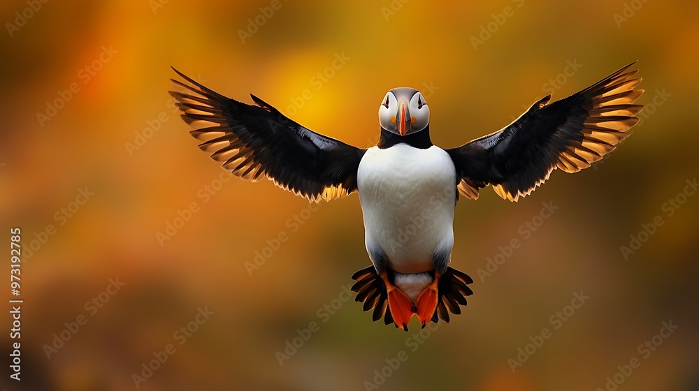 Obraz premium Puffin In Flight, Wings Spread Wide