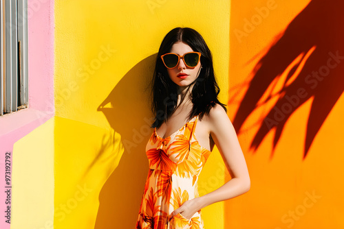 Young woman in a tropical floral dress and sunglasses standing against a vibrant yellow and orange wall, casting a strong shadow photo