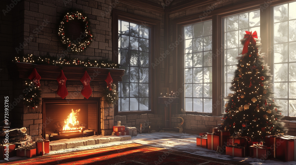Cozy Christmas Fireplace with Stockings and Tree in Morning Light Cozy Christmas Fireplace with Stockings and Tree in Morning Light