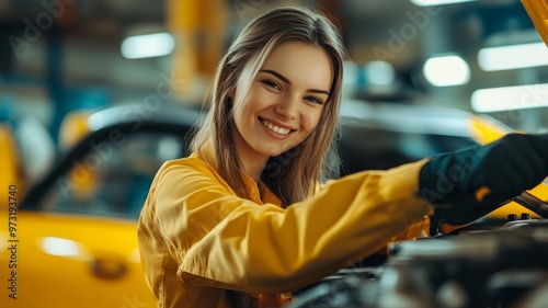 Confident Female Mechanic Working on a Car Engine