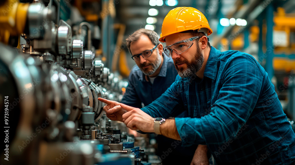 Professional and smart engineering or technician pointing at machinery in industry. Professional and smart engineering or technician pointing at machinery in industry.
