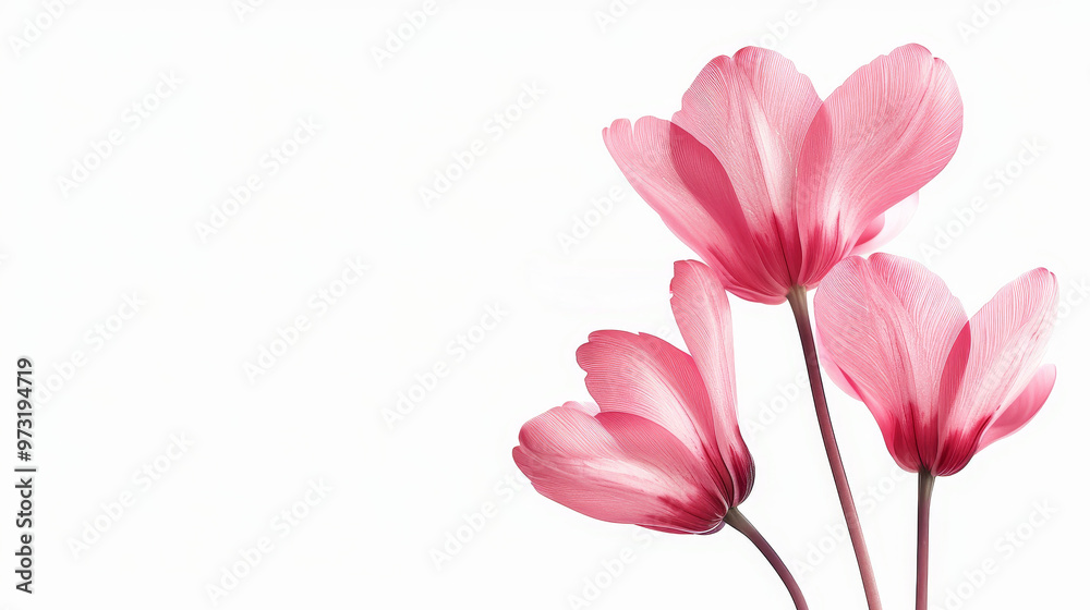 Obraz premium Delicate pink flowers gracefully positioned against a soft, white background, perfect for spring-themed designs and decorations.