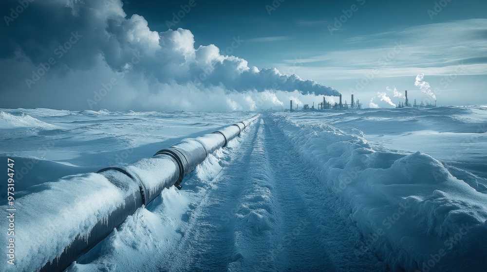 Obraz premium Industrial Pipeline Cutting Through Snowy Landscape with Smokestacks in Winter Image
