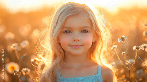 Beautiful cute little girl in a summer flowers field, natural style by shooting during the golden hour.