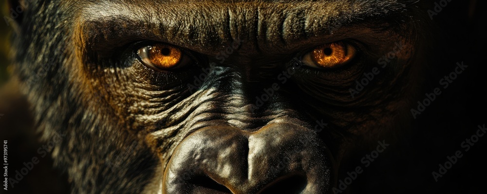 Close-up of a gorilla's face with intense gaze showing deep intelligence and strength in its eyes during twilight in a jungle setting Close-up of a gorilla's face with intense gaze showing deep intelligence and strength in its eyes during twilight in a jungle setting