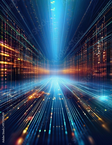 Abstract digital data stream technology background with depth of field for a dynamic and tech-savvy vibe