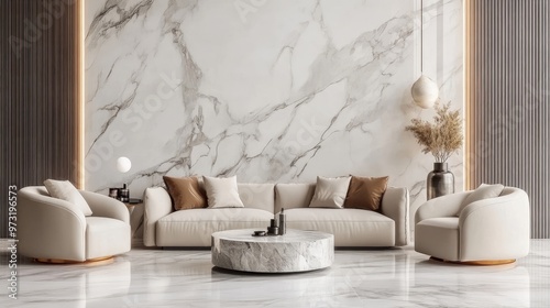 Luxury interior design of modern living room with marble stone elements