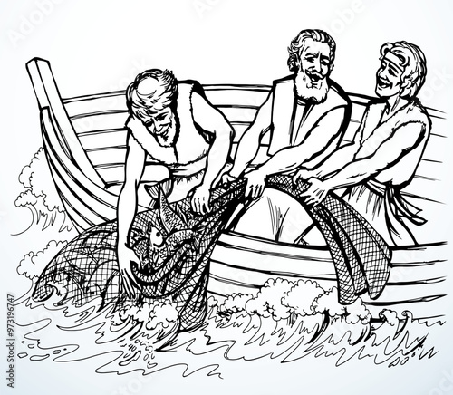 Vector drawing. Three men in the boat