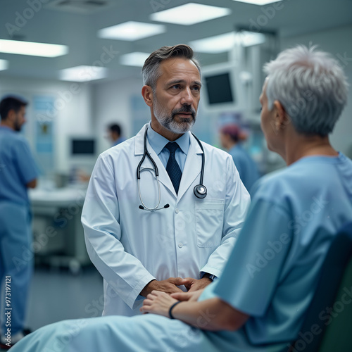 Compassionate doctor in a white coat engages with a patient in a modern hospital. For healthcare marketing, medical articles, and educational materials highlighting patient care and professionalism