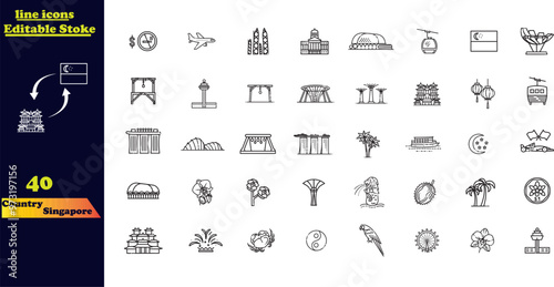 Stroke icon collection representing Singapore. A set featuring architecture, fashion, people, items, and nature, capturing the essence of the country’s background and culture.