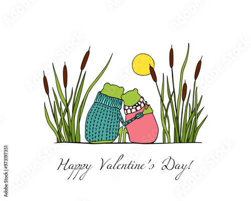 Vector illustration of hand drawn cute frog couple in love hugging among water plants. Beautiful design elements, funny romantic illustration. Perfect for Valentine's day celebration.