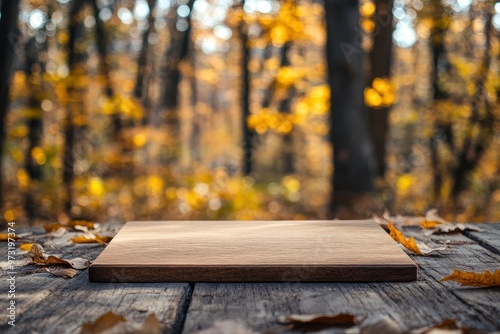 Wooden board on a forest background with autumn foliage background For display or montage products with generatve ai photo