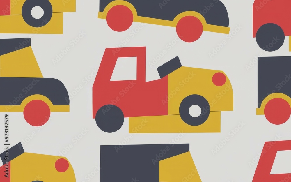 Colorful toy cars pattern. Pattern of various toy cars in red, blue, yellow, and grey. Great for kids' room decor.