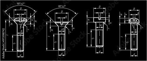 Vector engineering cad drawing of a mechanical part (steel bolt)
with thread. Computer aided design of machine parts 
with dimension lines. 
Technical cad background. Template of screw.