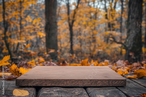 Wooden board on a forest background with autumn foliage background For display or montage products with generatve ai photo