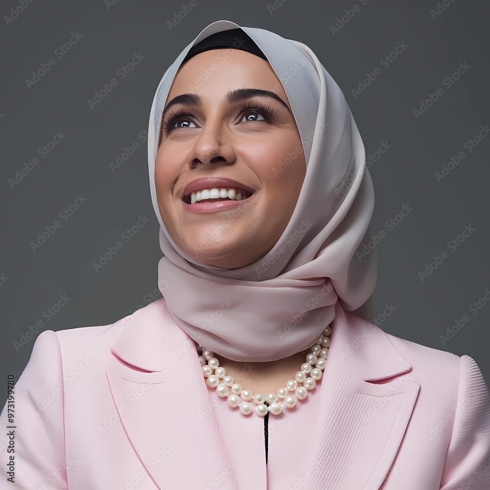 Powerful Arab businesswoman wearing pink suit and pearl necklace