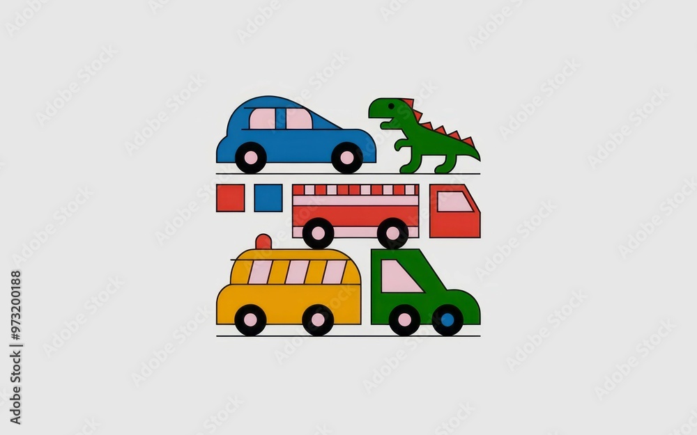 Toy cars & dino. Colorful toy vehicles, including a car, truck, bus, and dinosaur, on a white backdrop. Toy cars & dino. Colorful toy vehicles, including a car, truck, bus, and dinosaur, on a white backdrop.