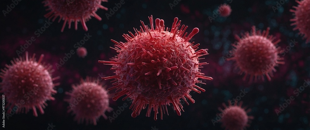 A bright close up microscopic photo of covid coronavirus in pink and black colors. Bacteria microphotography healthcare or science concept. Colorful header macro illustration monkeypox virus concept. A bright close up microscopic photo of covid coronavirus in pink and black colors. Bacteria microphotography healthcare or science concept. Colorful header macro illustration monkeypox virus concept.