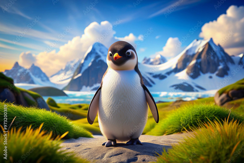Fototapeta premium A Cute Penguin Standing on a Rock in Front of a Mountainous Landscape