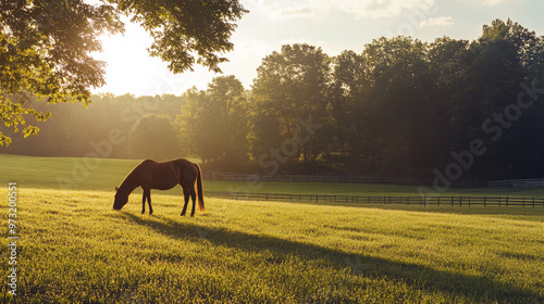 A horse grazes on a grassy field with trees, part of a farm where animals are raised naturally. This farm focuses on sustainability and keeping the countryside green and healthy. photo