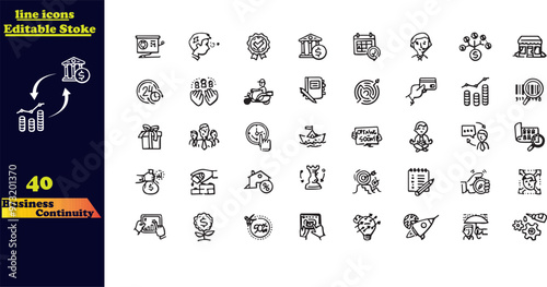Outline icon set for business continuity, including elements like business team, recovery, partnership, startup, survival, and risk management.