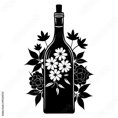 Stylish black and white graphic illustration of a wine bottle adorned with floral elements
